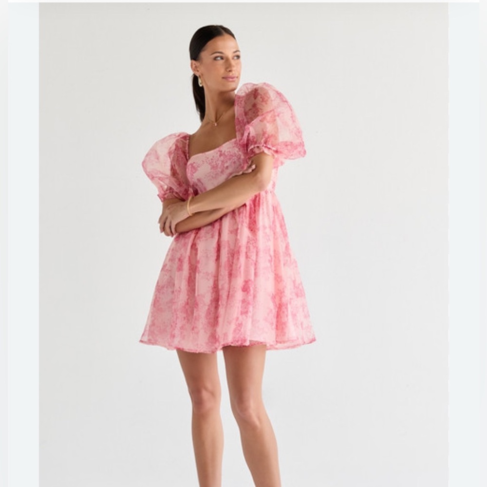 Pink Puff Sleeve Mini Sundress for Wedding Guest